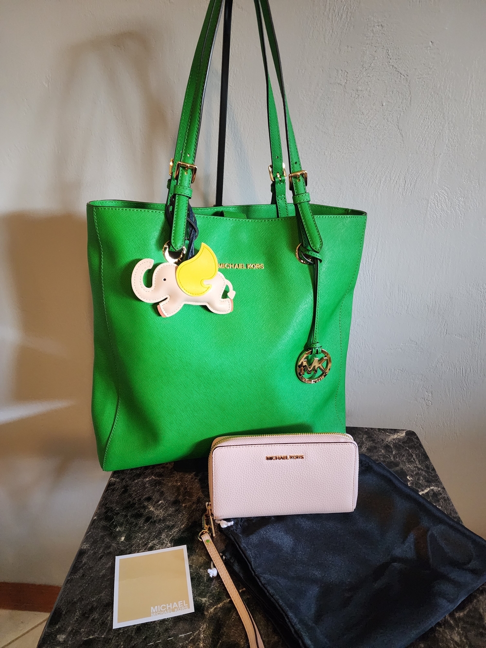 Michael Kors Green Tote Bag with Pink Wallet